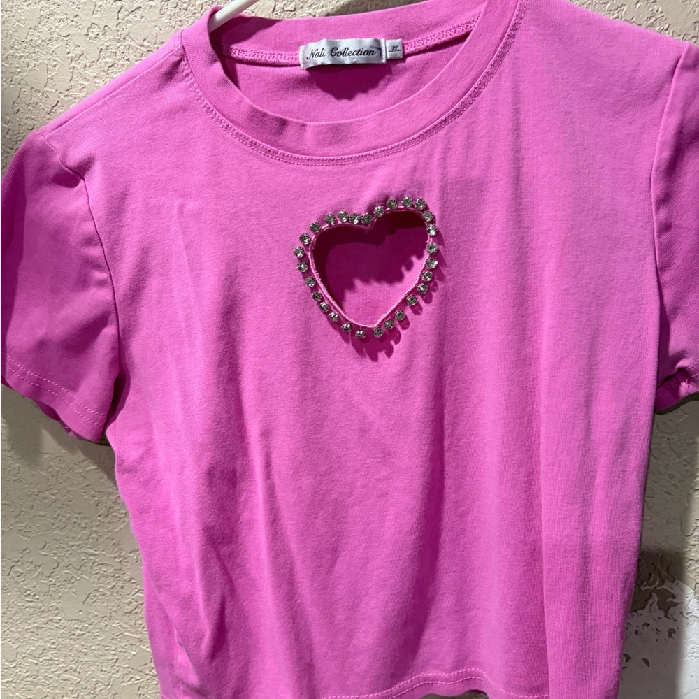 Pink rhinestone heart cutout top